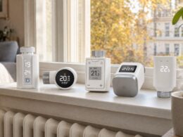 Fünf smarte Heizkörperthermostate von Homematic IP, tado, FRITZ!, Bosch und Eve nebeneinander auf einer Fensterbank über dem Heizkörper im herbstlichen Wohnzimmer