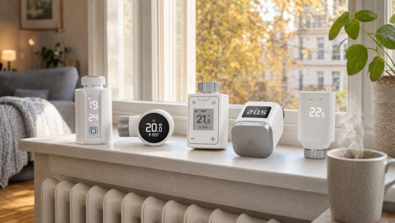 Fünf smarte Heizkörperthermostate von Homematic IP, tado, FRITZ!, Bosch und Eve nebeneinander auf einer Fensterbank über dem Heizkörper im herbstlichen Wohnzimmer