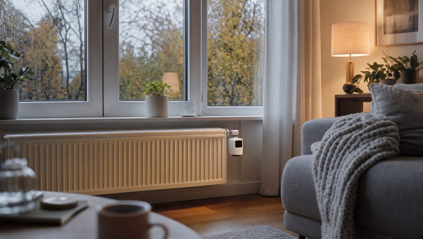 Wohnzimmer im Herbst mit Heizkörper und elektronischem Thermostat unter dem Fenster