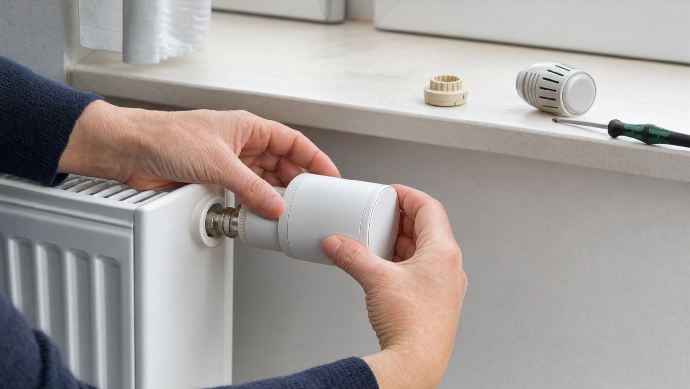 Hände montieren ein smartes Thermostat auf das Ventil eines Heizkörpers